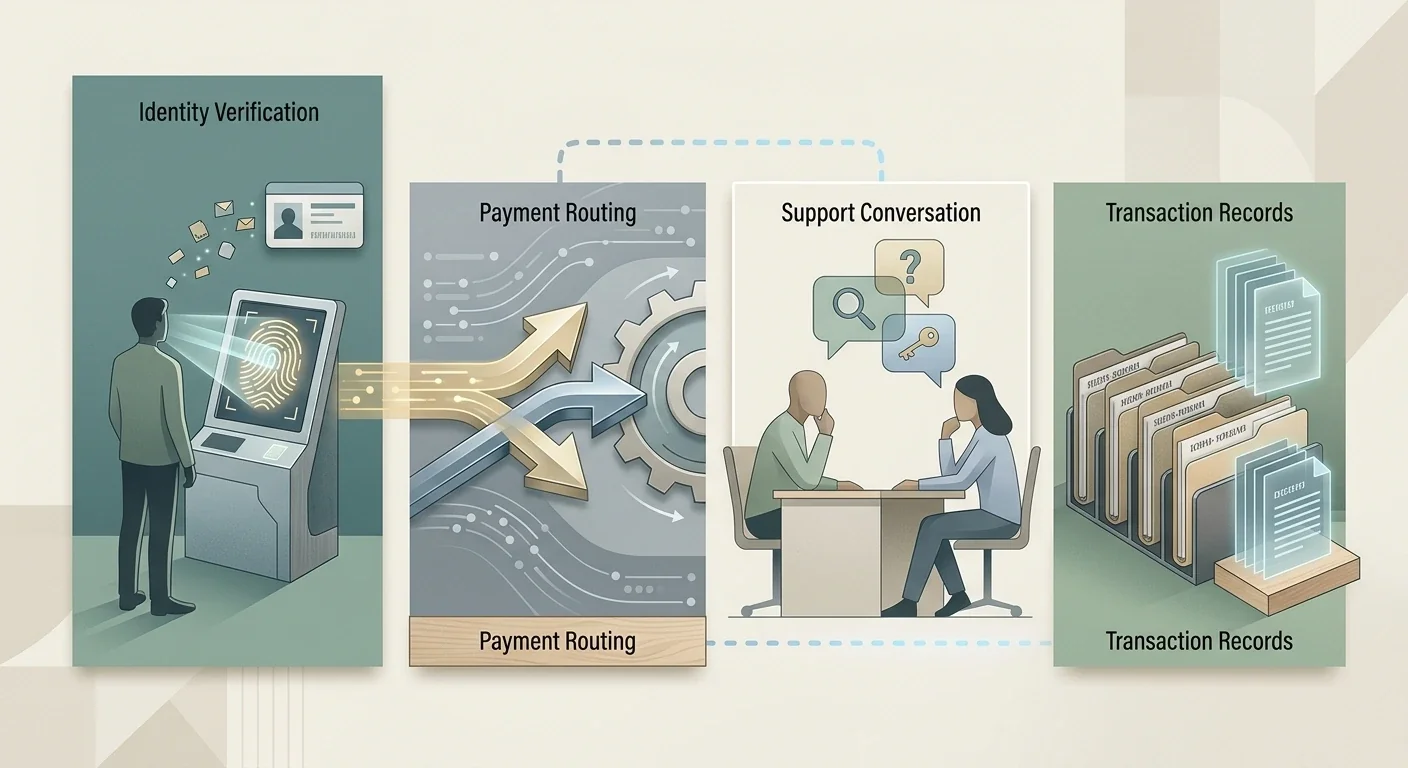 Neutral editorial troubleshooting flow for verification, payment routing, support and withdrawal records