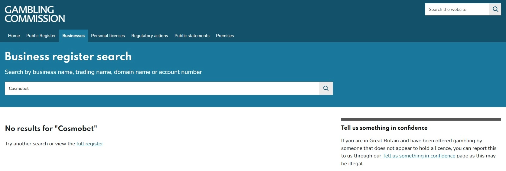 UK Gambling Commission business register used to check Cosmobet and Santeda International B.V.