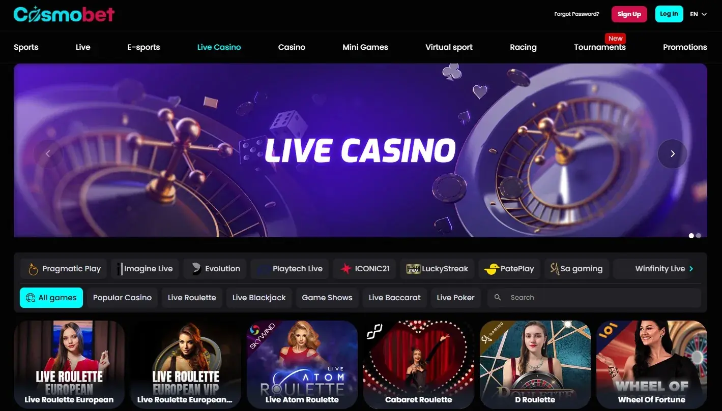 Current Cosmobet live casino lobby showing live dealer tables and provider filters