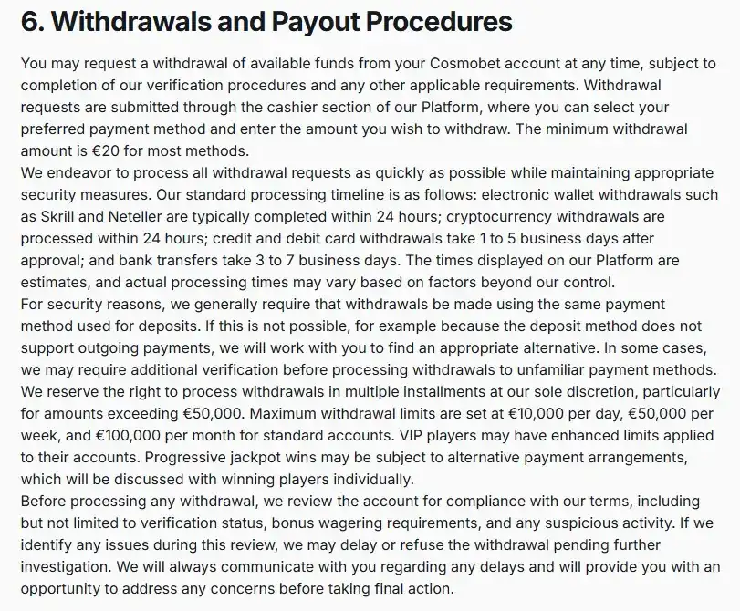 Real Cosmobet withdrawal interface or official withdrawal terms captured for current payout conditions