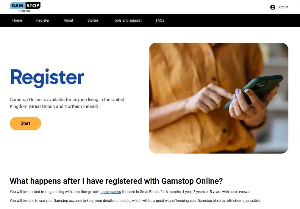 Current GAMSTOP registration information explaining that the scheme blocks online gambling companies licensed in Great Britain