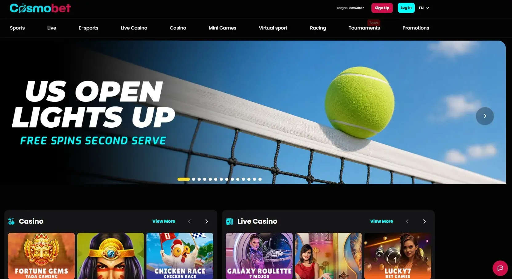 Current Cosmobet interface showing casino navigation and game categories