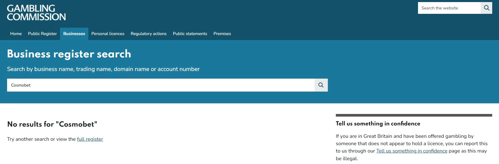 Real UK Gambling Commission public register search evidence relevant to Cosmobet licence status